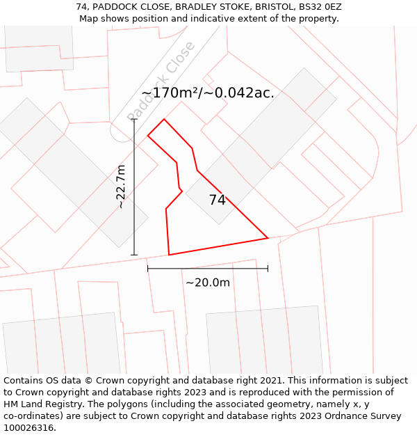 74, PADDOCK CLOSE, BRADLEY STOKE, BRISTOL, BS32 0EZ: Plot and title map