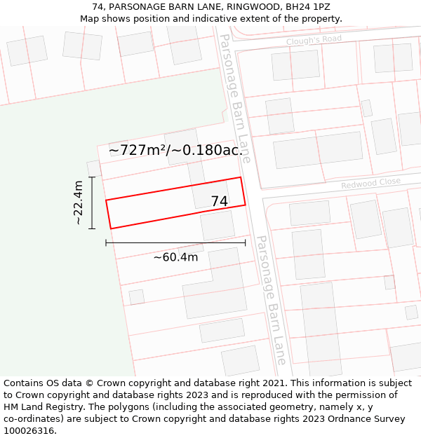 74, PARSONAGE BARN LANE, RINGWOOD, BH24 1PZ: Plot and title map