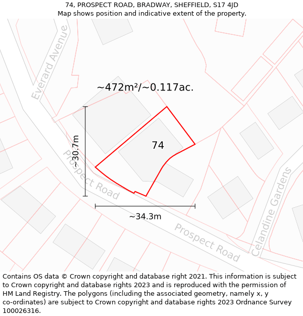 74, PROSPECT ROAD, BRADWAY, SHEFFIELD, S17 4JD: Plot and title map