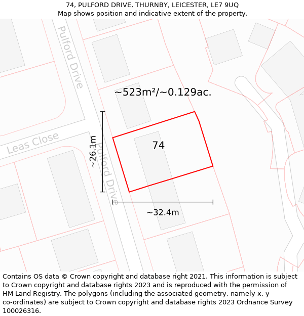74, PULFORD DRIVE, THURNBY, LEICESTER, LE7 9UQ: Plot and title map