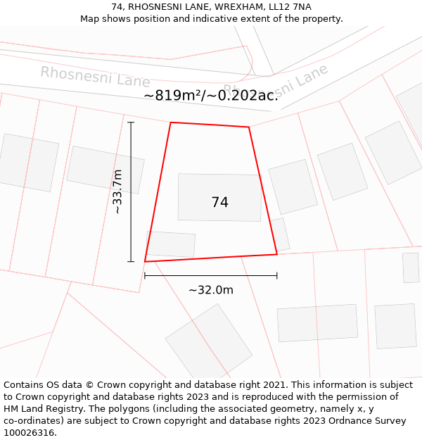 74, RHOSNESNI LANE, WREXHAM, LL12 7NA: Plot and title map