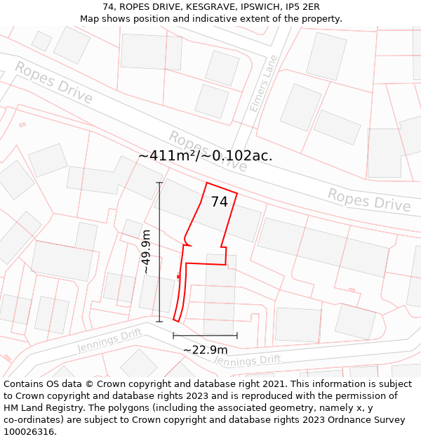 74, ROPES DRIVE, KESGRAVE, IPSWICH, IP5 2ER: Plot and title map