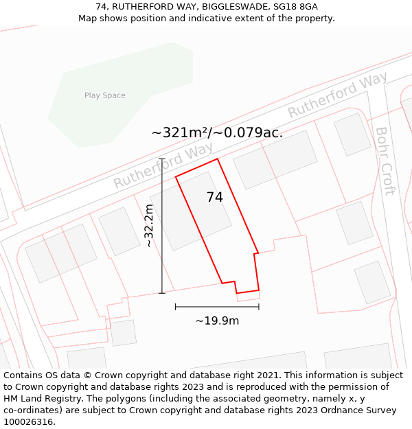 74, RUTHERFORD WAY, BIGGLESWADE, SG18 8GA: Plot and title map