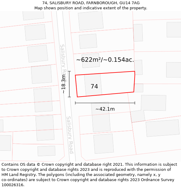 74, SALISBURY ROAD, FARNBOROUGH, GU14 7AG: Plot and title map