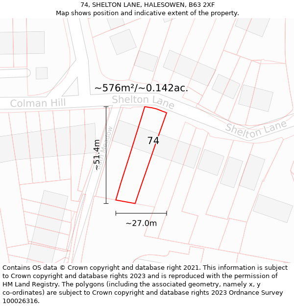 74, SHELTON LANE, HALESOWEN, B63 2XF: Plot and title map