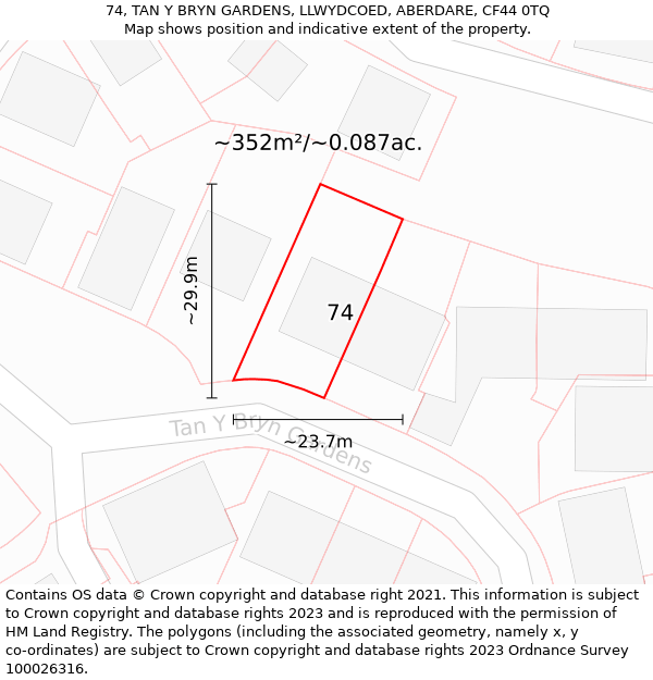74, TAN Y BRYN GARDENS, LLWYDCOED, ABERDARE, CF44 0TQ: Plot and title map