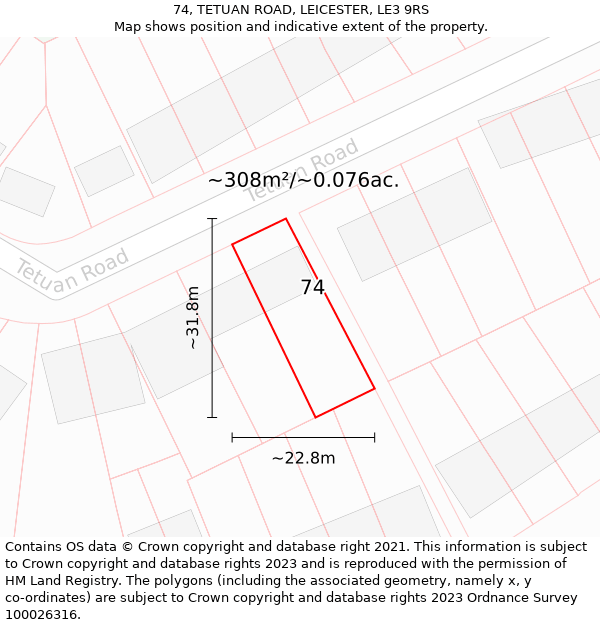 74, TETUAN ROAD, LEICESTER, LE3 9RS: Plot and title map