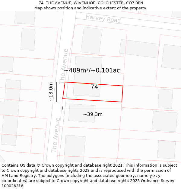 74, THE AVENUE, WIVENHOE, COLCHESTER, CO7 9PN: Plot and title map