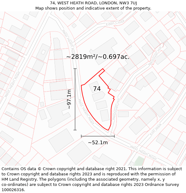 74, WEST HEATH ROAD, LONDON, NW3 7UJ: Plot and title map