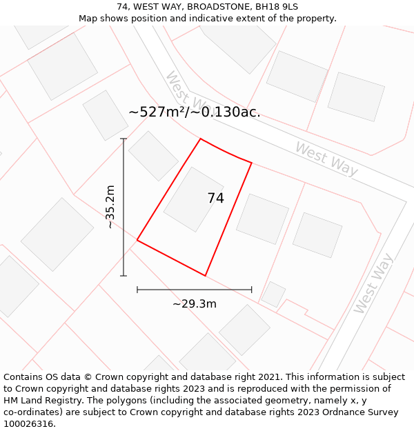 74, WEST WAY, BROADSTONE, BH18 9LS: Plot and title map