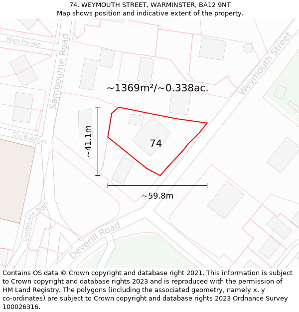 74, WEYMOUTH STREET, WARMINSTER, BA12 9NT: Plot and title map