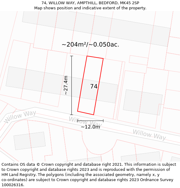 74, WILLOW WAY, AMPTHILL, BEDFORD, MK45 2SP: Plot and title map