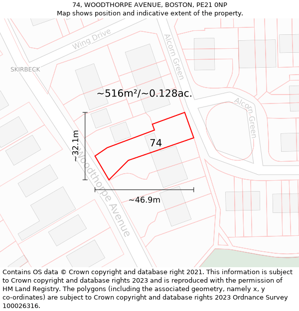 74, WOODTHORPE AVENUE, BOSTON, PE21 0NP: Plot and title map