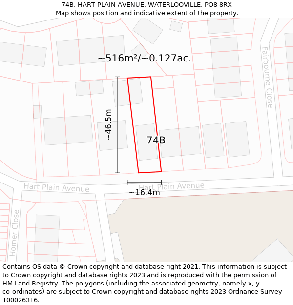 74B, HART PLAIN AVENUE, WATERLOOVILLE, PO8 8RX: Plot and title map