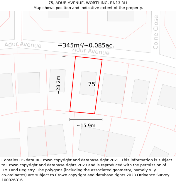 75, ADUR AVENUE, WORTHING, BN13 3LL: Plot and title map