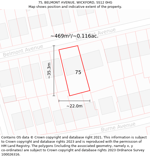 75, BELMONT AVENUE, WICKFORD, SS12 0HG: Plot and title map