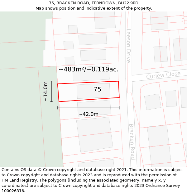 75, BRACKEN ROAD, FERNDOWN, BH22 9PD: Plot and title map