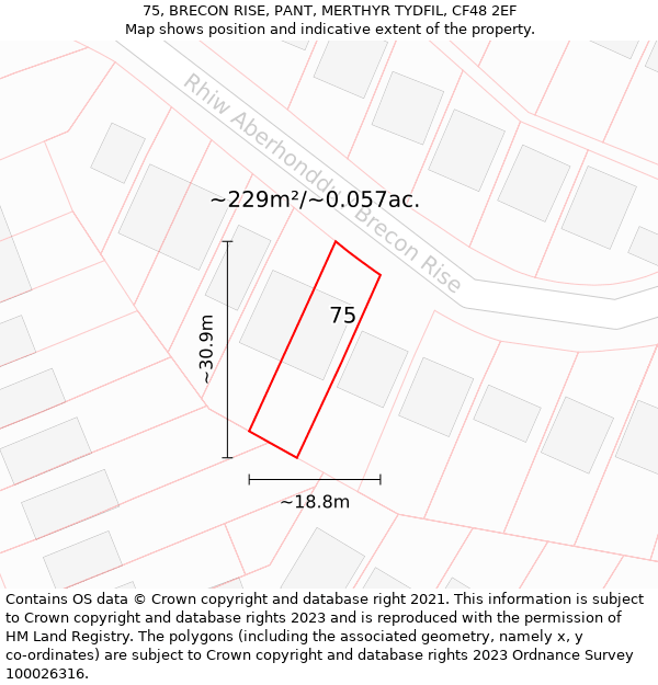 75, BRECON RISE, PANT, MERTHYR TYDFIL, CF48 2EF: Plot and title map