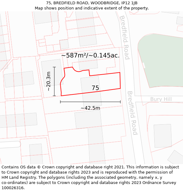 75, BREDFIELD ROAD, WOODBRIDGE, IP12 1JB: Plot and title map