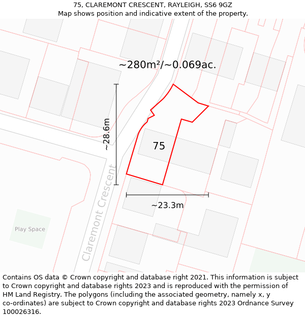 75, CLAREMONT CRESCENT, RAYLEIGH, SS6 9GZ: Plot and title map