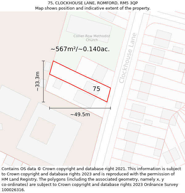 75, CLOCKHOUSE LANE, ROMFORD, RM5 3QP: Plot and title map