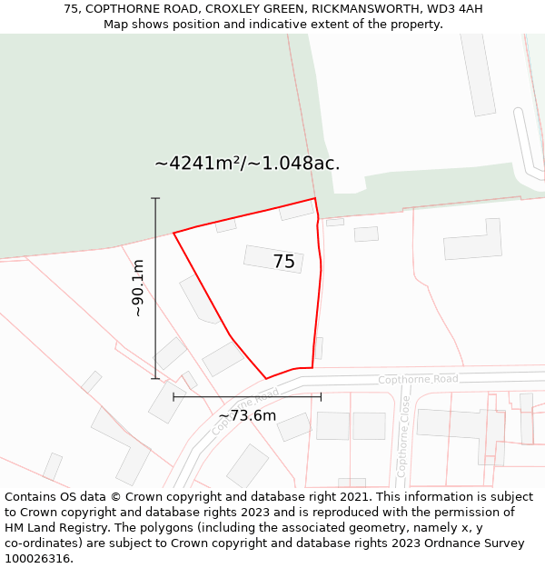 75, COPTHORNE ROAD, CROXLEY GREEN, RICKMANSWORTH, WD3 4AH: Plot and title map