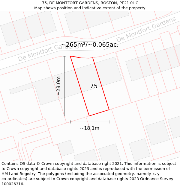 75, DE MONTFORT GARDENS, BOSTON, PE21 0HG: Plot and title map