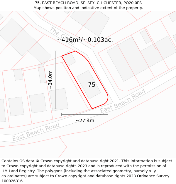 75, EAST BEACH ROAD, SELSEY, CHICHESTER, PO20 0ES: Plot and title map