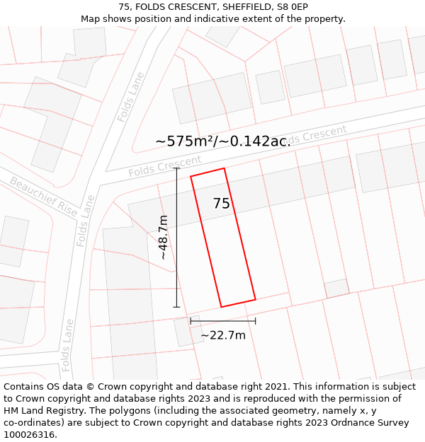 75, FOLDS CRESCENT, SHEFFIELD, S8 0EP: Plot and title map