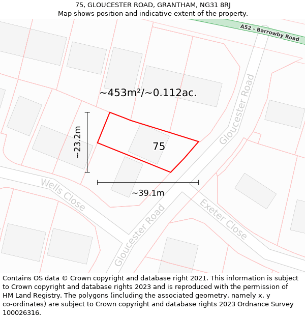 75, GLOUCESTER ROAD, GRANTHAM, NG31 8RJ: Plot and title map