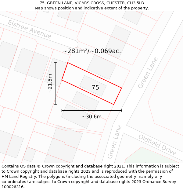75, GREEN LANE, VICARS CROSS, CHESTER, CH3 5LB: Plot and title map