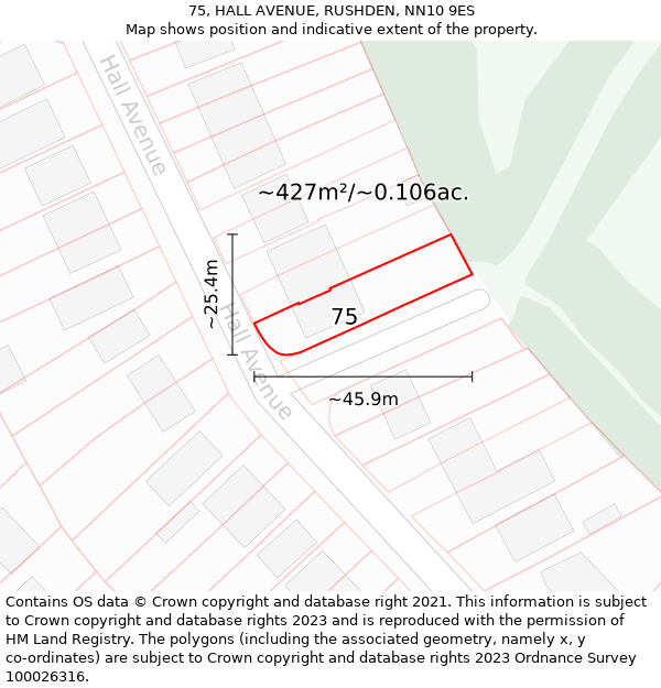 75, HALL AVENUE, RUSHDEN, NN10 9ES: Plot and title map