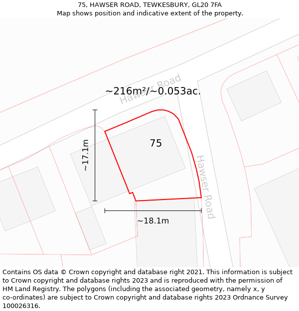 75, HAWSER ROAD, TEWKESBURY, GL20 7FA: Plot and title map