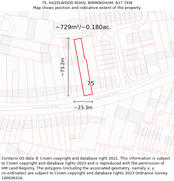 75, HAZELWOOD ROAD, BIRMINGHAM, B27 7XW: Plot and title map