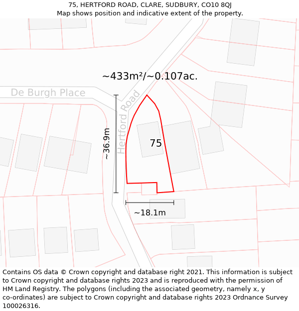 75, HERTFORD ROAD, CLARE, SUDBURY, CO10 8QJ: Plot and title map