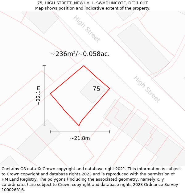 75, HIGH STREET, NEWHALL, SWADLINCOTE, DE11 0HT: Plot and title map