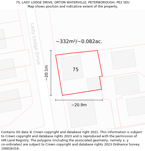 75, LADY LODGE DRIVE, ORTON WATERVILLE, PETERBOROUGH, PE2 5EU: Plot and title map