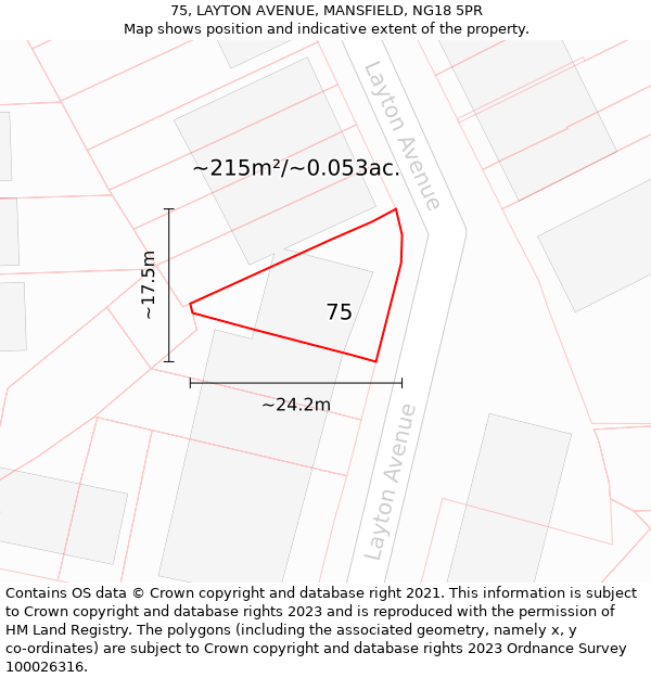 75, LAYTON AVENUE, MANSFIELD, NG18 5PR: Plot and title map