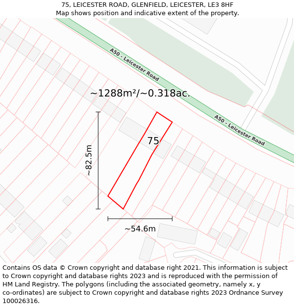 75, LEICESTER ROAD, GLENFIELD, LEICESTER, LE3 8HF: Plot and title map