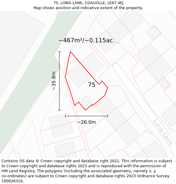 75, LONG LANE, COALVILLE, LE67 4EJ: Plot and title map