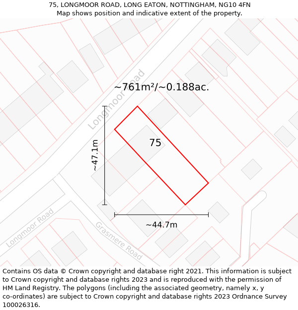 75, LONGMOOR ROAD, LONG EATON, NOTTINGHAM, NG10 4FN: Plot and title map