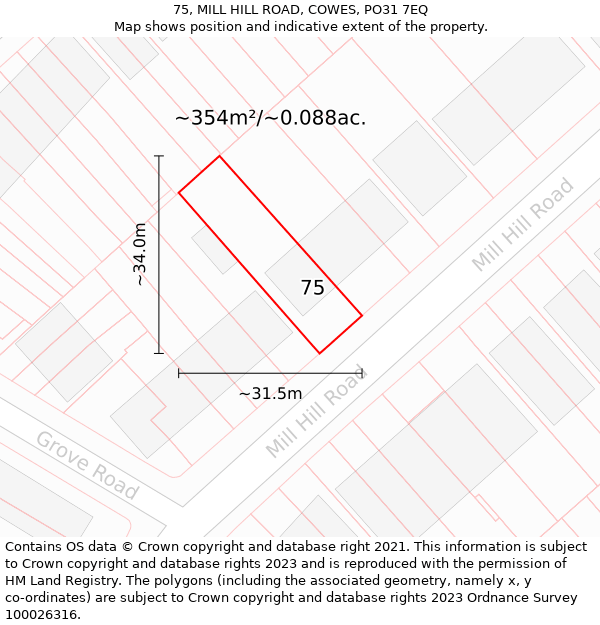 75, MILL HILL ROAD, COWES, PO31 7EQ: Plot and title map