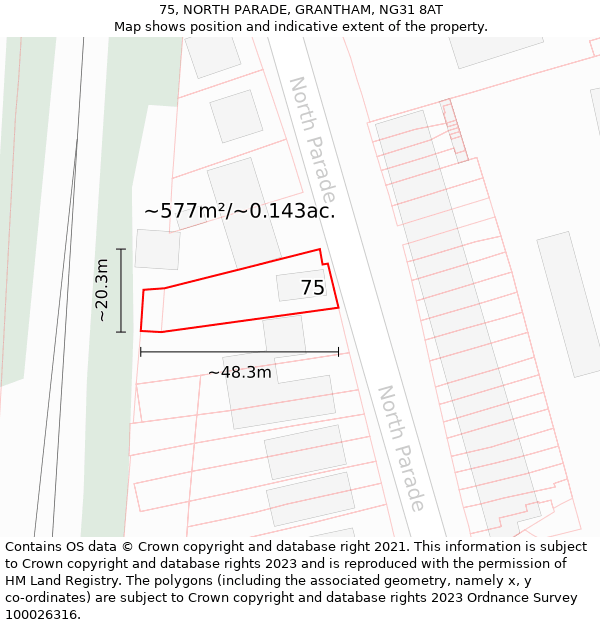 75, NORTH PARADE, GRANTHAM, NG31 8AT: Plot and title map