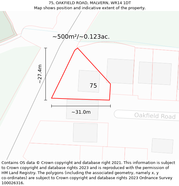 75, OAKFIELD ROAD, MALVERN, WR14 1DT: Plot and title map