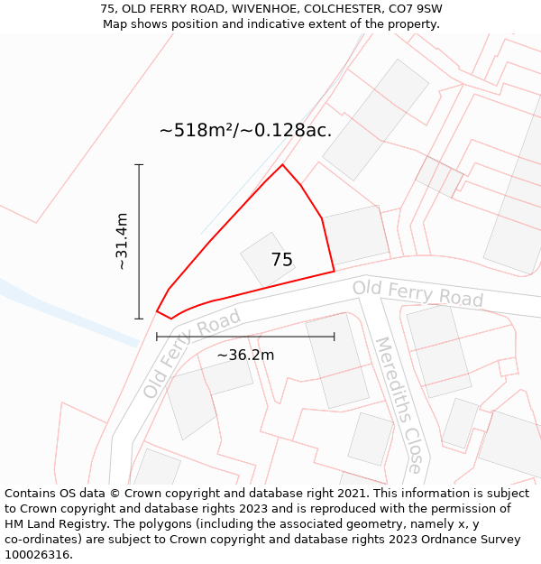 75, OLD FERRY ROAD, WIVENHOE, COLCHESTER, CO7 9SW: Plot and title map