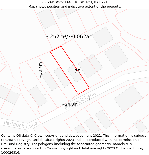 75, PADDOCK LANE, REDDITCH, B98 7XT: Plot and title map