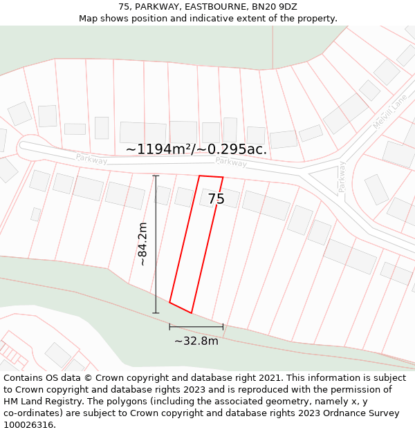75, PARKWAY, EASTBOURNE, BN20 9DZ: Plot and title map