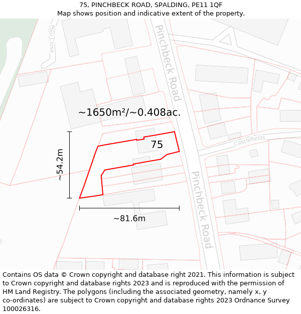 75, PINCHBECK ROAD, SPALDING, PE11 1QF: Plot and title map
