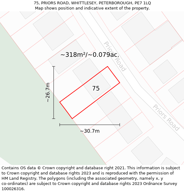 75, PRIORS ROAD, WHITTLESEY, PETERBOROUGH, PE7 1LQ: Plot and title map