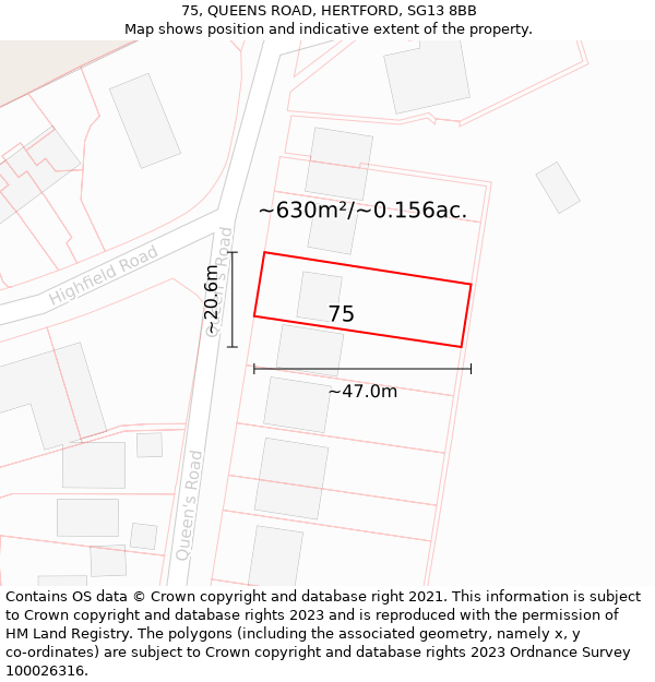 75, QUEENS ROAD, HERTFORD, SG13 8BB: Plot and title map